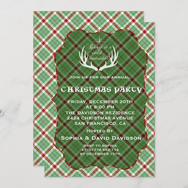 Antlers Green Plaid Christmas Party Invitation (Devant / Derrière)