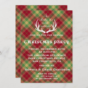 Antlers Red Green Plaid Christmas Party Invitation