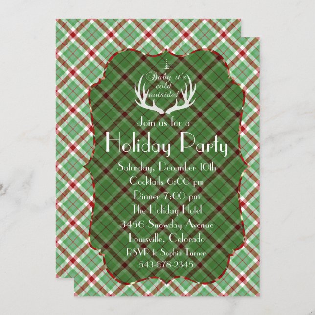 Antlers Red Green Plaid Fête Invitation (Devant / Derrière)