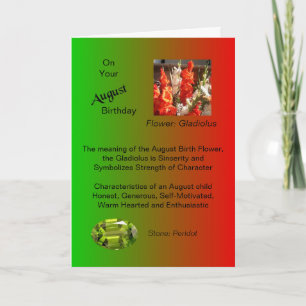 Août Carte d'anniversaire - Gladiolus et Peridot