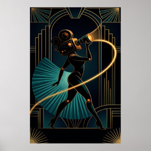 Appareil photo femme silhouette dorée Art Déco sur