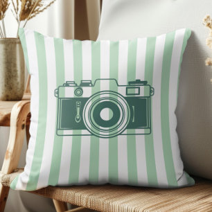Appareil photo sur rayures vert de mer, Coussin d'