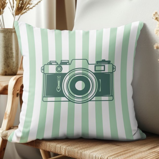 Appareil photo sur rayures vert de mer, Coussin d' (Créateur téléchargé)