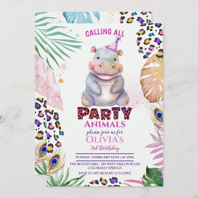 Appel à tous les animaux de fête Hippo Invitation  (Devant / Derrière)