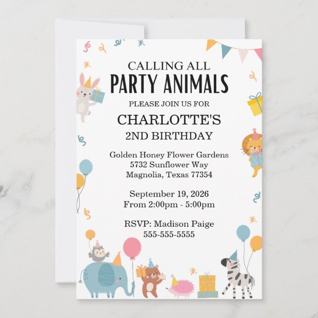Appel à tous les animaux de fête Invitation Annive (Devant)