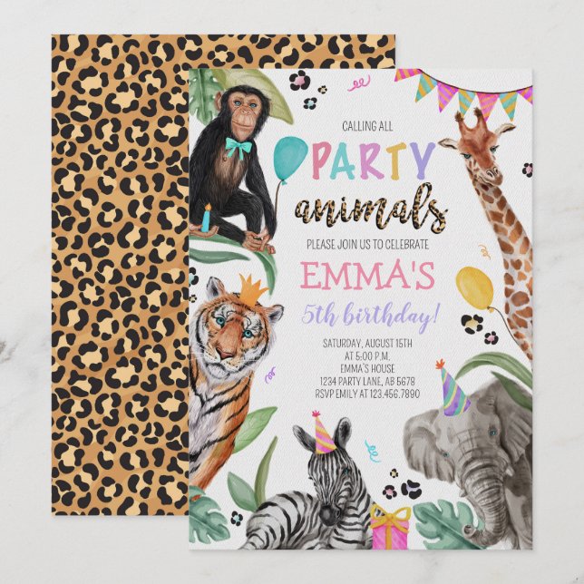 Appel à tous les animaux de fête Invitation d'anni (Devant / Derrière)