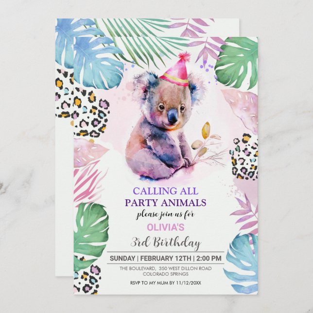 Appel à tous les animaux de fête Koala Invitation  (Devant / Derrière)