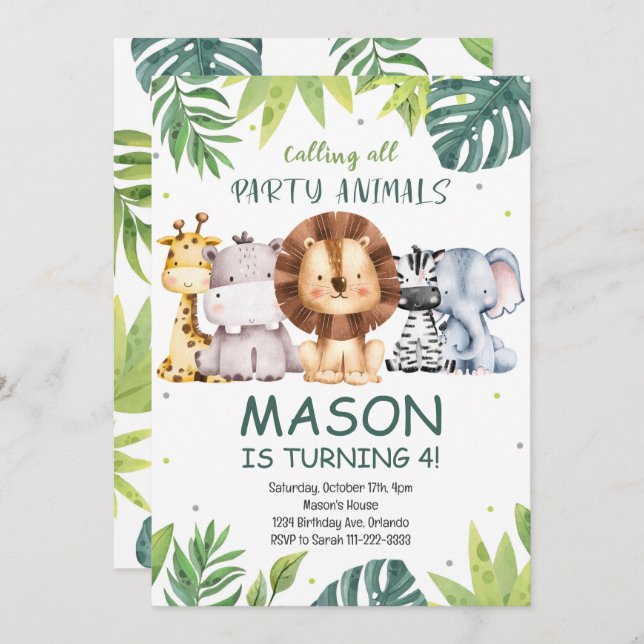 Appel à tous les animaux de fête Safari Invitation (Devant / Derrière)