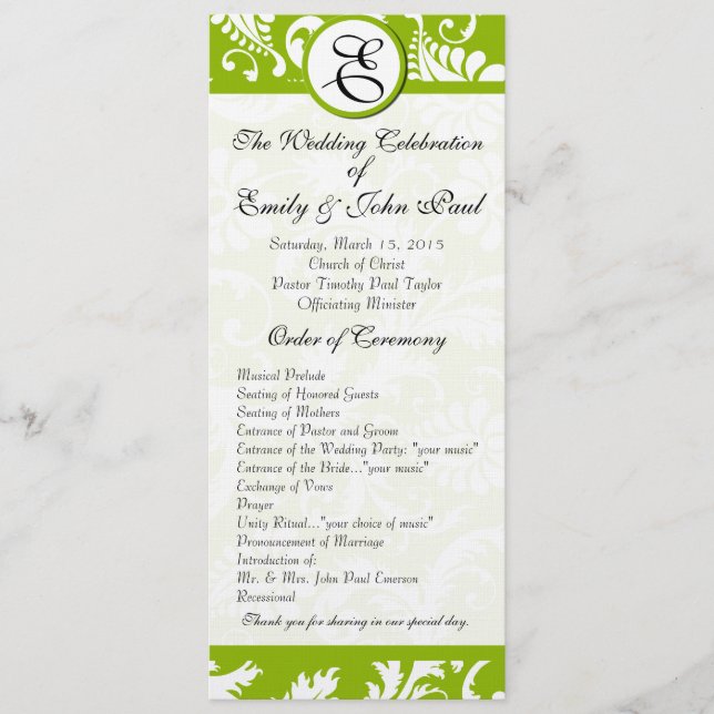 Apple Green Damask Swirls Wedding Programme (Devant)