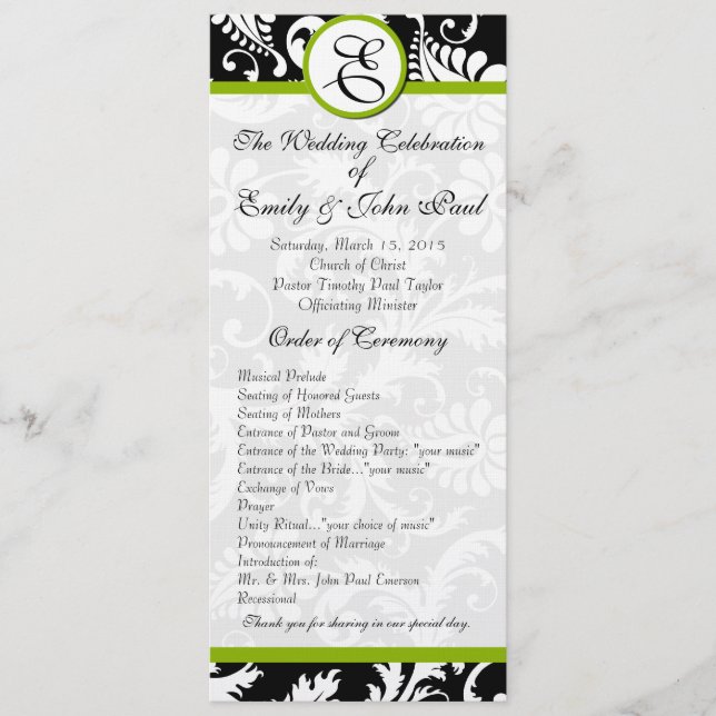 Apple Green Trim Damask Swirls Wedding Programme (Devant)