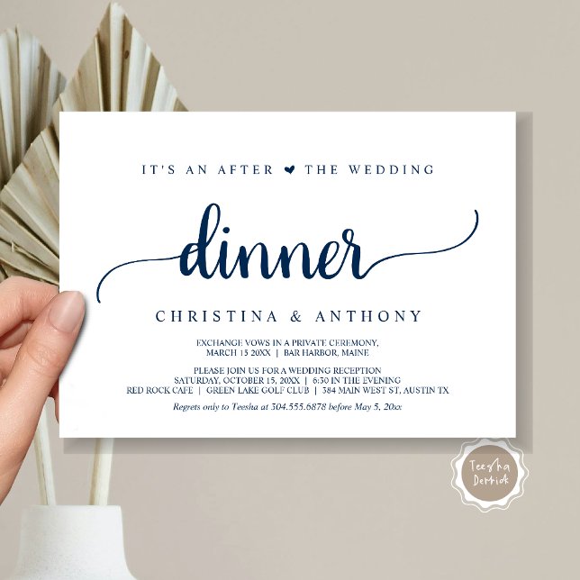 Après le dîner de mariage, Invitation de fuite rus (It's An After The Wedding Dinner, Elopement Invitation Card, Modern Rustic Script in Navy Blue.)