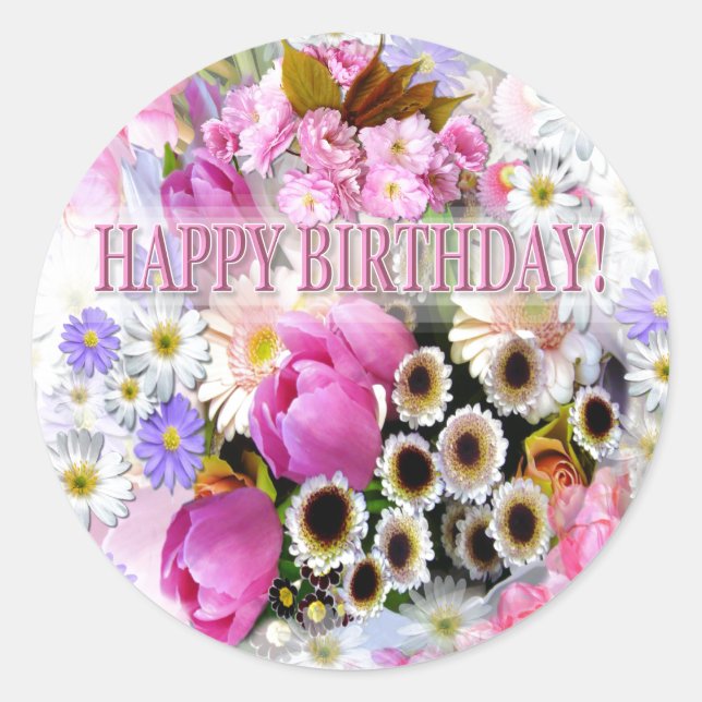 April Bouquet Birthday Classic Round Sticker (Devant)