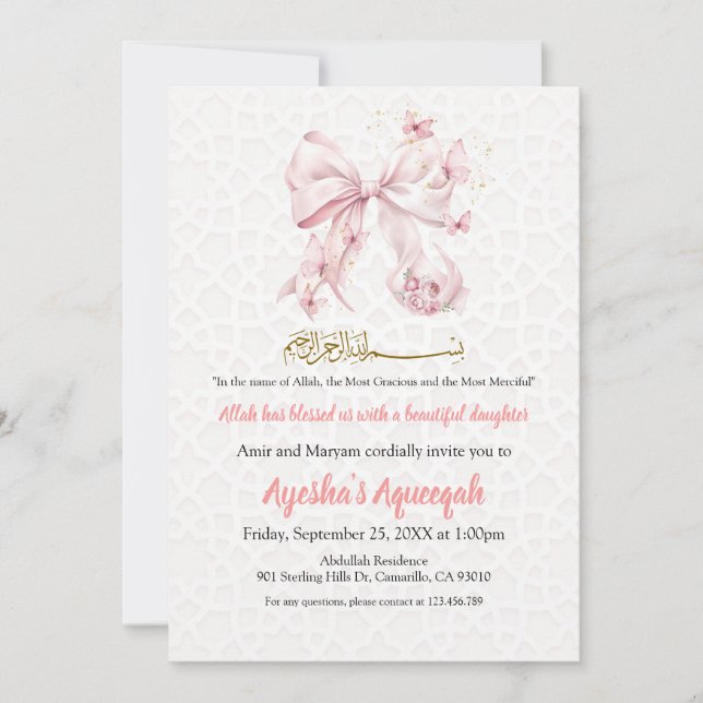 Aqiqah Pink Bow Girl Invitation (Devant)