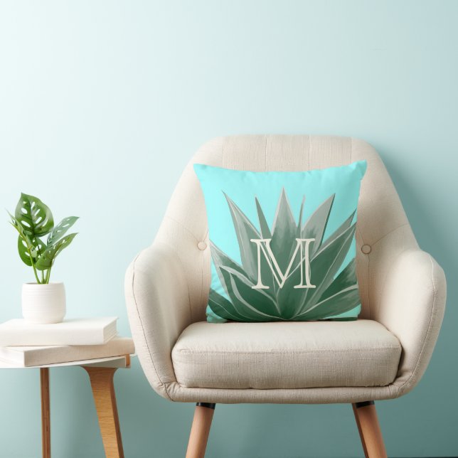 Aqua Aloe Succulent Ivoire Monogramme Coussin mode (Chaise)