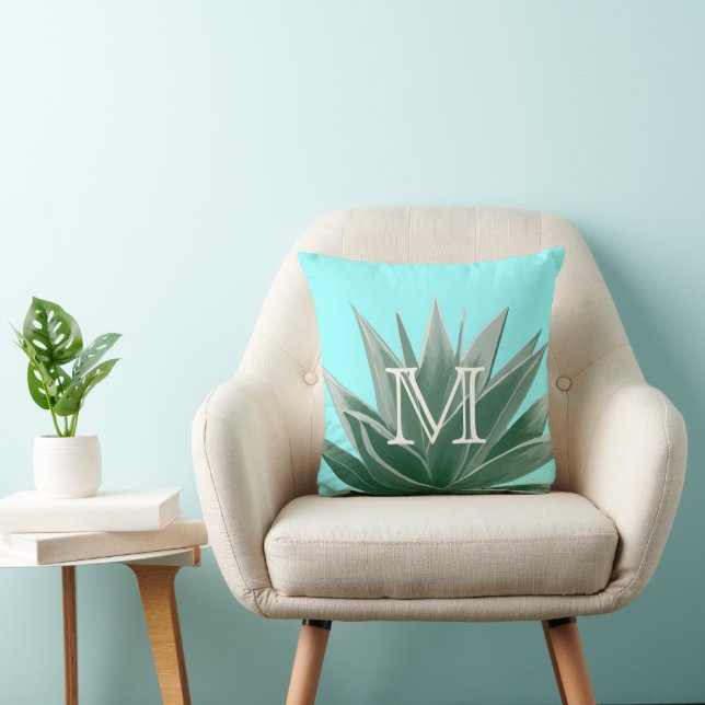 Aqua Aloe Succulent Ivoire Monogramme Coussin mode (Chaise)