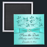 Aqua and Black Floral Wedding Favor Magnet<br><div class="desc">This aqua blue and black floral save the date magnet has a PRINTED ribbon and a PRINTED jewel buckle on it that matches the wedding invitation shown below. ****If you change the shape and/or size of the magnet, or if you change the fonts, or the size of the font, some...</div>