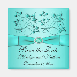 Aqua and Black Floral Wedding Favor Magnet