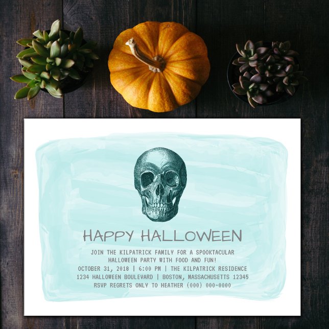 Aqua Aquarelle Crâne Halloween Invitation de la fê (Aqua Watercolor Skull Halloween Party Invite)