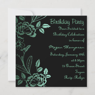 Aqua & Black Rose Leaf Invitation d'anniversaire