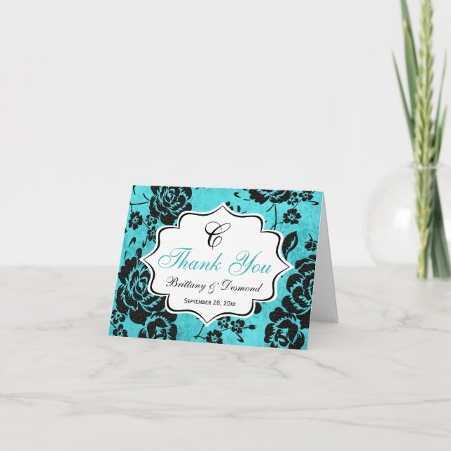 Aqua Black White Floral Damask Carte de remercieme (Devant)