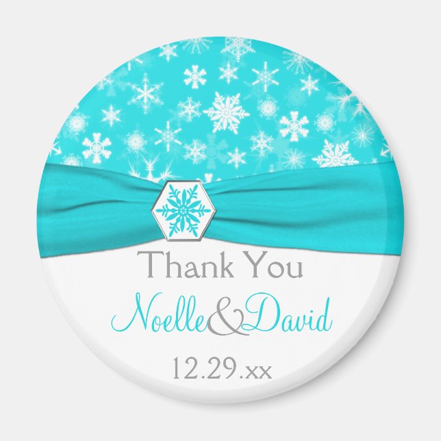 Aqua, Blanc, Gris Snowflakes Wedding Favor Magnet (Devant)
