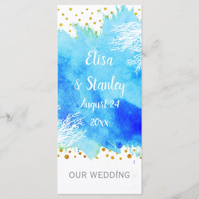 Aqua bleu aquarelle, programme de mariage pour réc (Devant)
