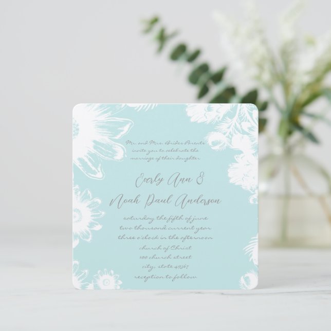 Aqua Bleu Turquoise Faire-part de mariage Floral V (Debout devant)
