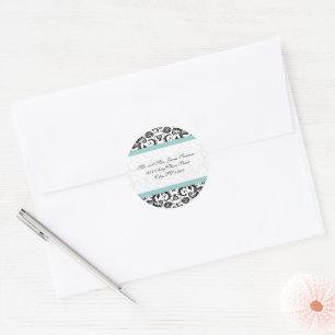 Aqua Blue Black Damask Adresse Mariage Stickers