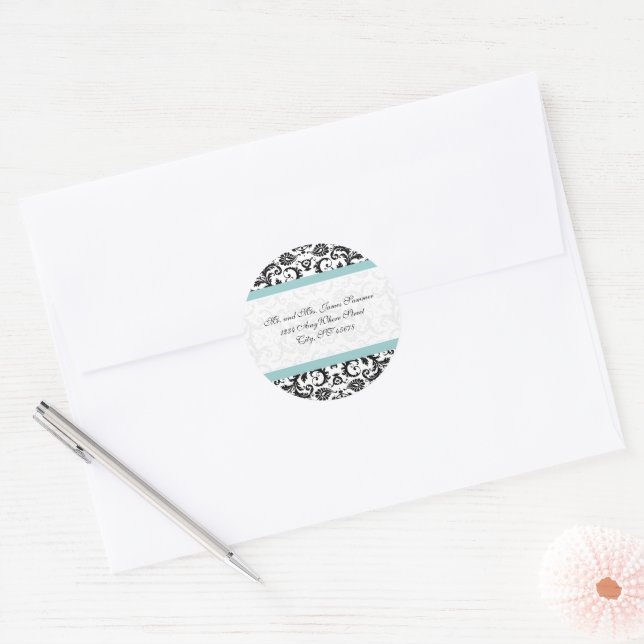 Aqua Blue Black Damask Adresse Mariage Stickers (Enveloppe)