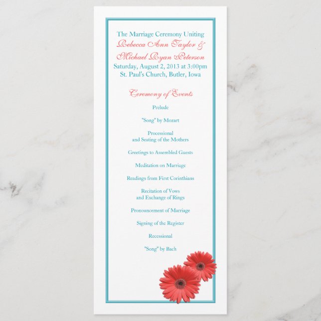Aqua Blue Coral Gerbera Daisy Wedding Programme (Devant)