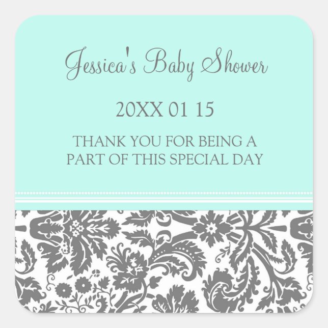 Aqua Blue Damask Baby shower Stickers Favoriser (Devant)
