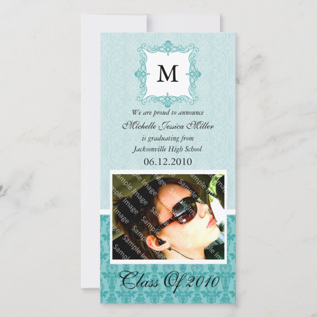 Aqua Blue Damask Premier Carte photo (Devant)