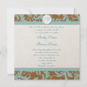 Aqua Blue Damask sur Faire-part de mariage Brown