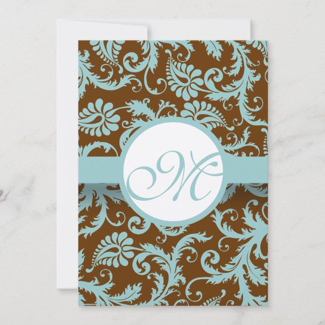 Aqua Blue Damask sur Faire-part de mariage Brown (Devant)