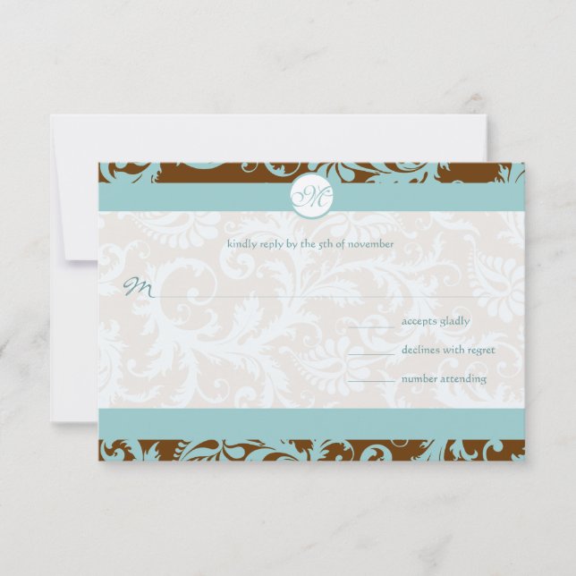 Aqua Blue Damask sur Faire-part de mariage Brown (Devant)