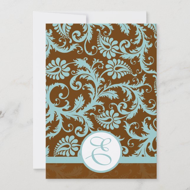 Aqua Blue Damask sur Faire-part de mariage Brown (Devant)