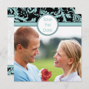 Aqua Blue Damask sur Faire-part de mariage noire