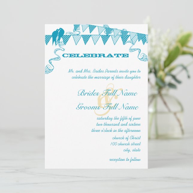 Aqua Blue Dots Bunting Pennant Invitations de mari (Debout devant)