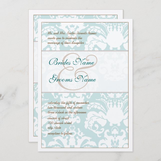 Aqua Blue et Mariage damassé Brown Invitation (Devant / Derrière)