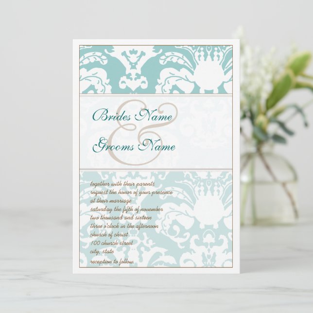 Aqua Blue et Mariage damassé Brown Invitation (Debout devant)