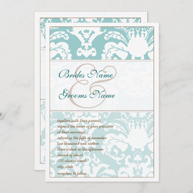 Aqua Blue et Mariage damassé Brown Invitation (Devant / Derrière)