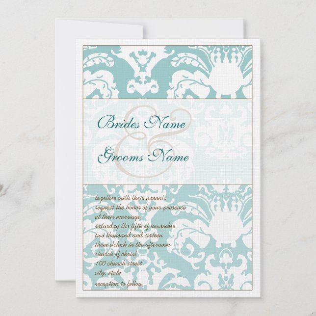 Aqua Blue et Mariage damassé Brown Invitation (Devant)