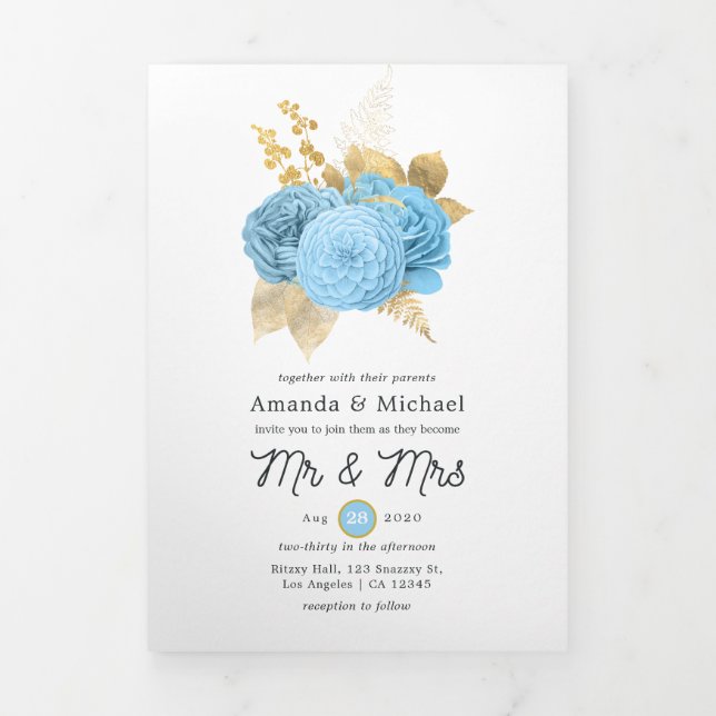Aqua Blue et or Floral Mariage photo Tri-Fold I (Page de couverture)