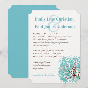 Aqua Blue Feuilles Brown Tree Faire-part de mariag