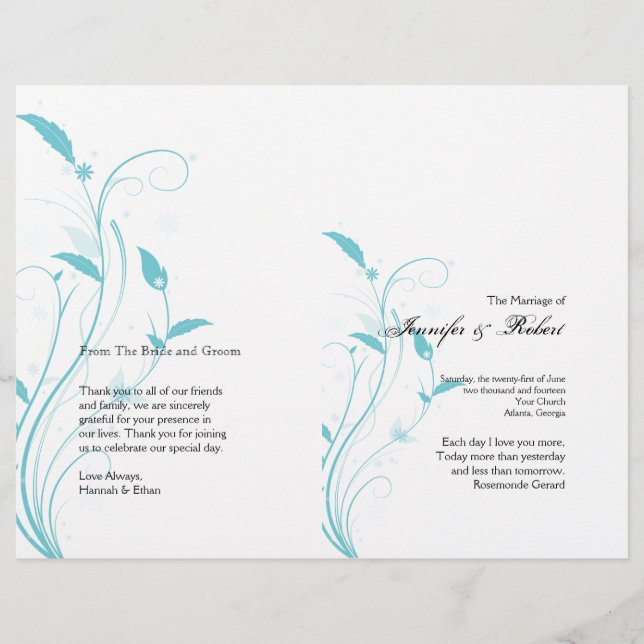 Aqua Blue Floral Filigree Programme de mariage (Devant)