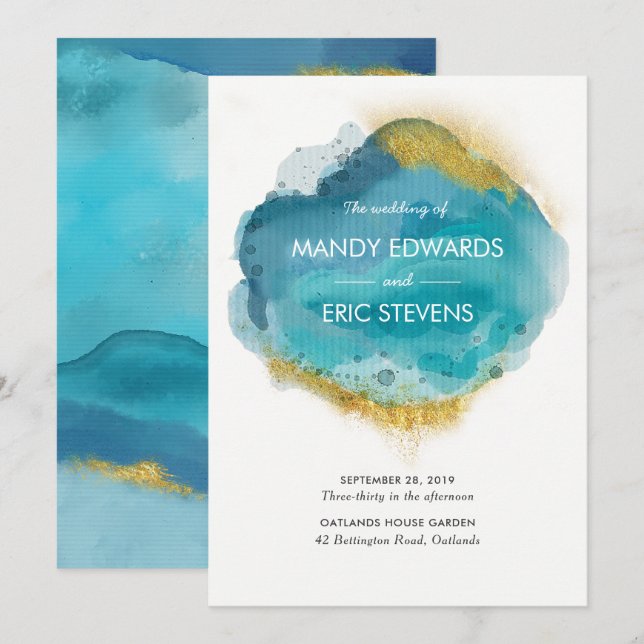 Aqua Blue & Gold Beach Invitation au mariage (Devant / Derrière)