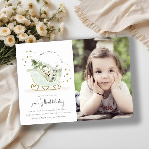 Aqua Blue Gold Winter Sleigh Photo Invitation d'an