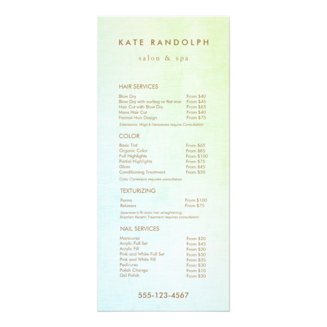 Aqua Blue Green Salon Spa Tarifs Menu Service (Devant)