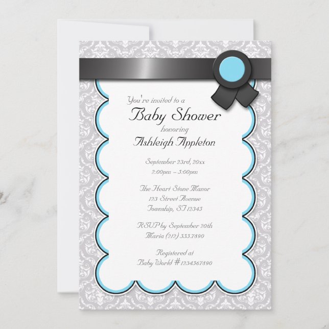 Aqua Blue & Grey Damask Baby Shower Invitations (Devant)