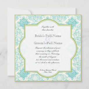 Aqua Blue Lime Iris Quatrefoil Wedding Invitation